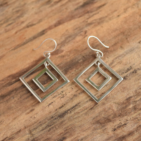 Vintage Sterling Silver Square Dangle Earrings